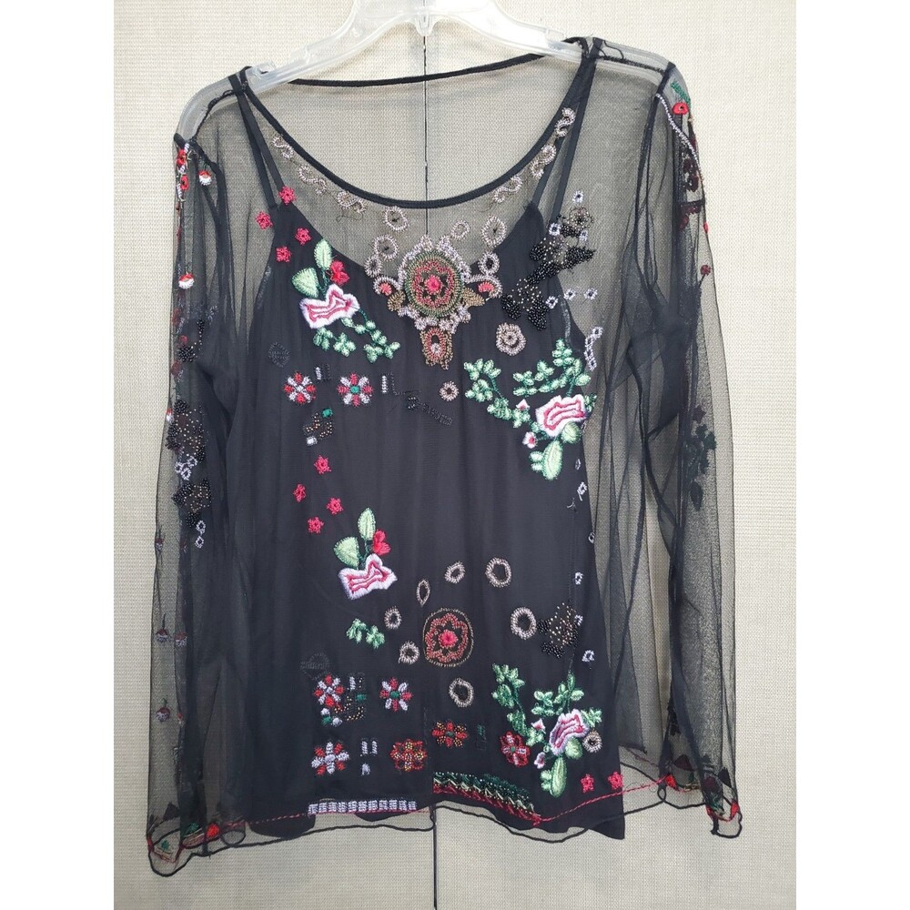 V Studio Mesh Embroidered Long Sleeve Top w/Camisole Size XL 90s Y2K Boho